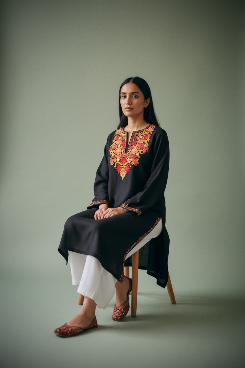 Gulposh Black Hand-Guided Aari Embroidered Midi Kurta