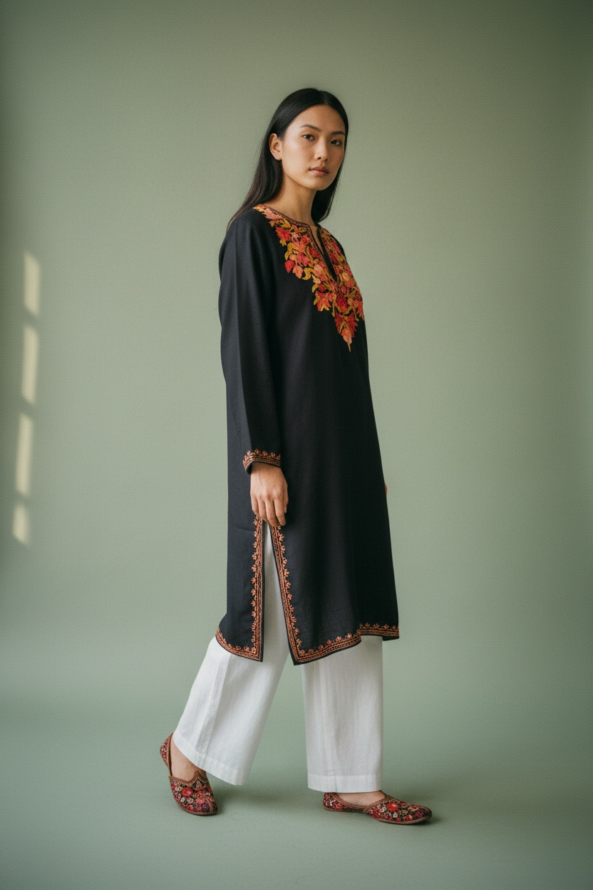 Gulposh Black Hand-Guided Aari Embroidered Midi Kurta