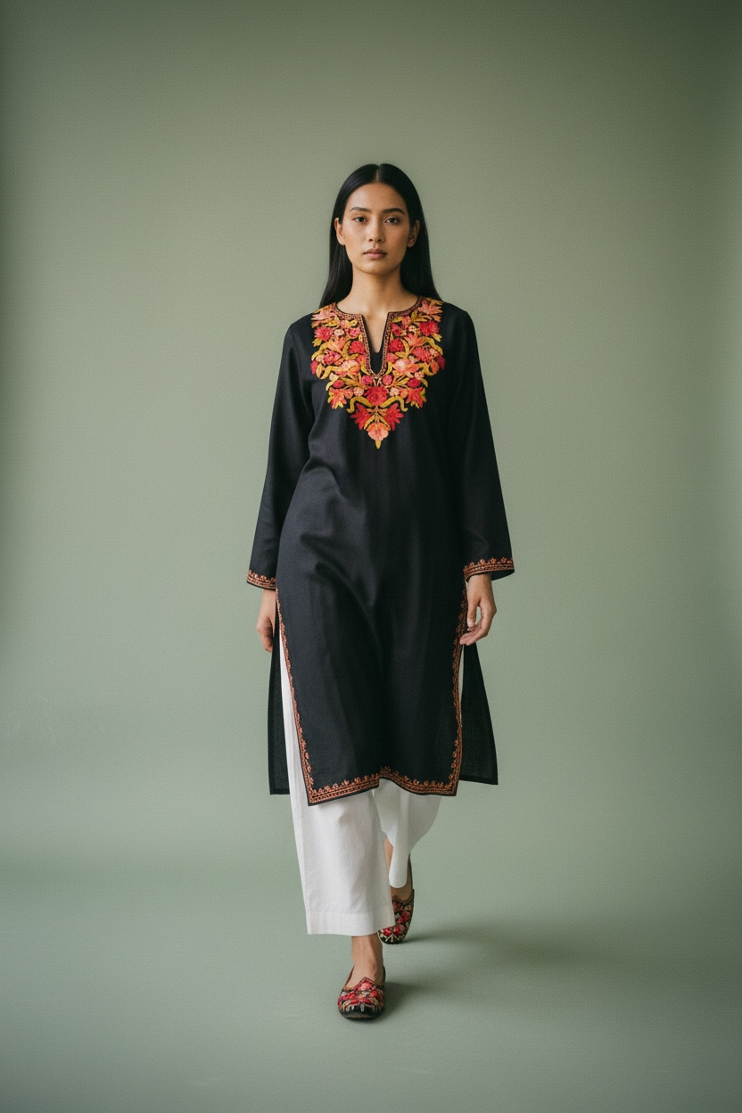Gulposh Black Hand-Guided Aari Embroidered Midi Kurta