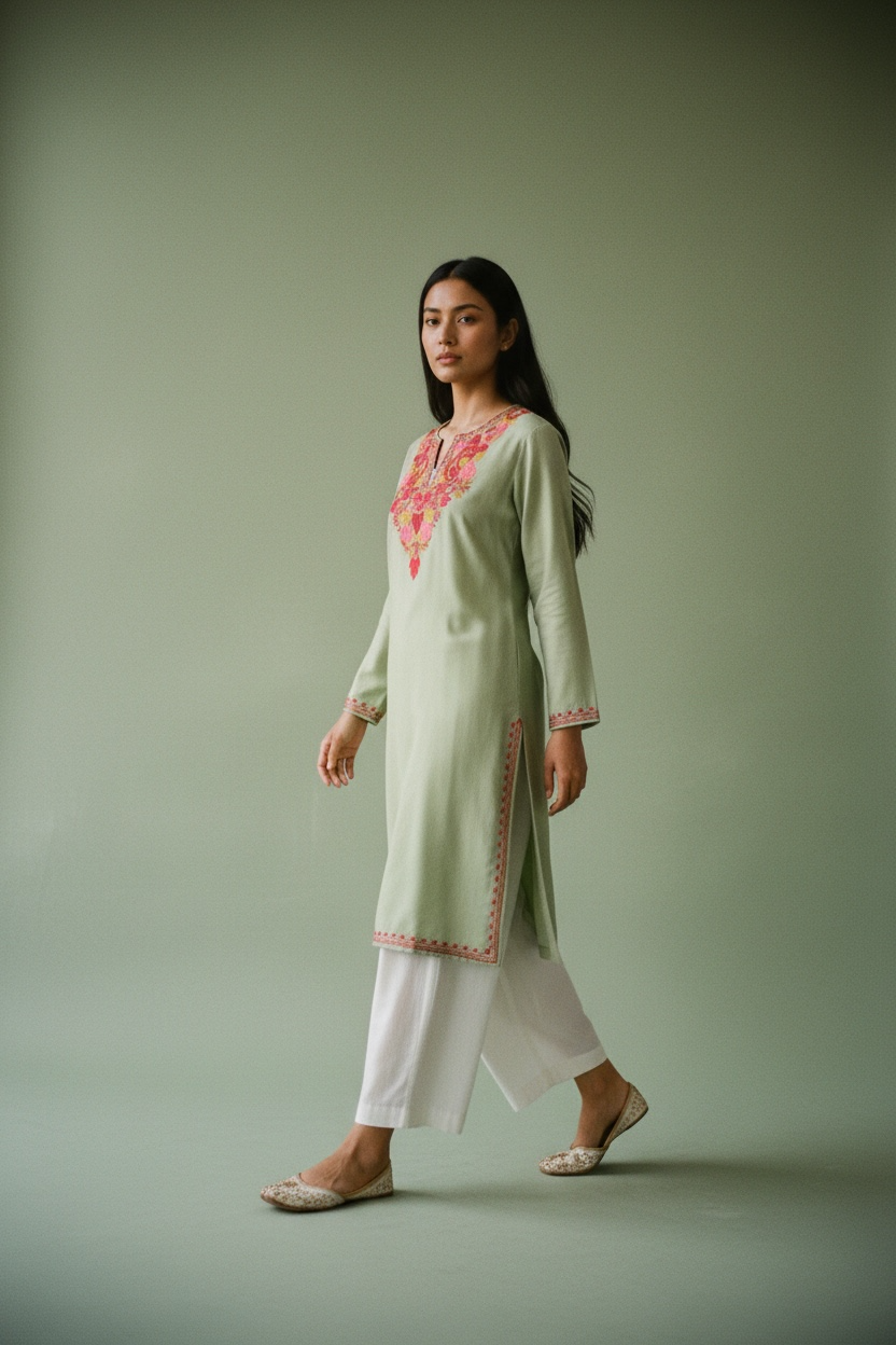 Gulposh Olive Sage Hand-Guided Aari Embroidered Midi Kurta