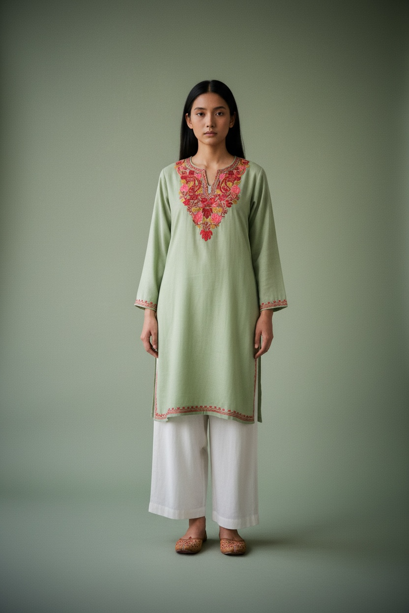 Gulposh Olive Sage Hand-Guided Aari Embroidered Midi Kurta