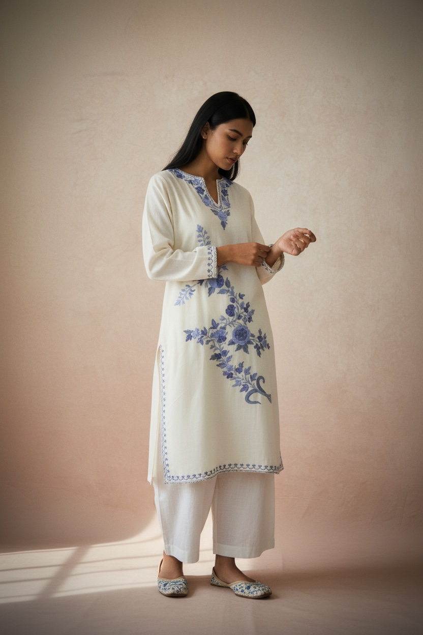 Gulposh Ivory Blue Hand-Guided Aari Embroidered Midi Kurta
