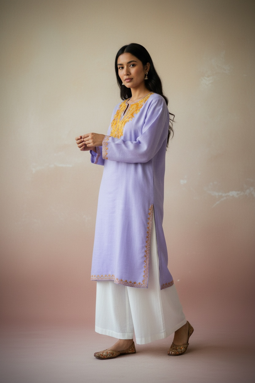 Gulposh Lavender Hand-Guided Aari Embroidered Midi Kurta