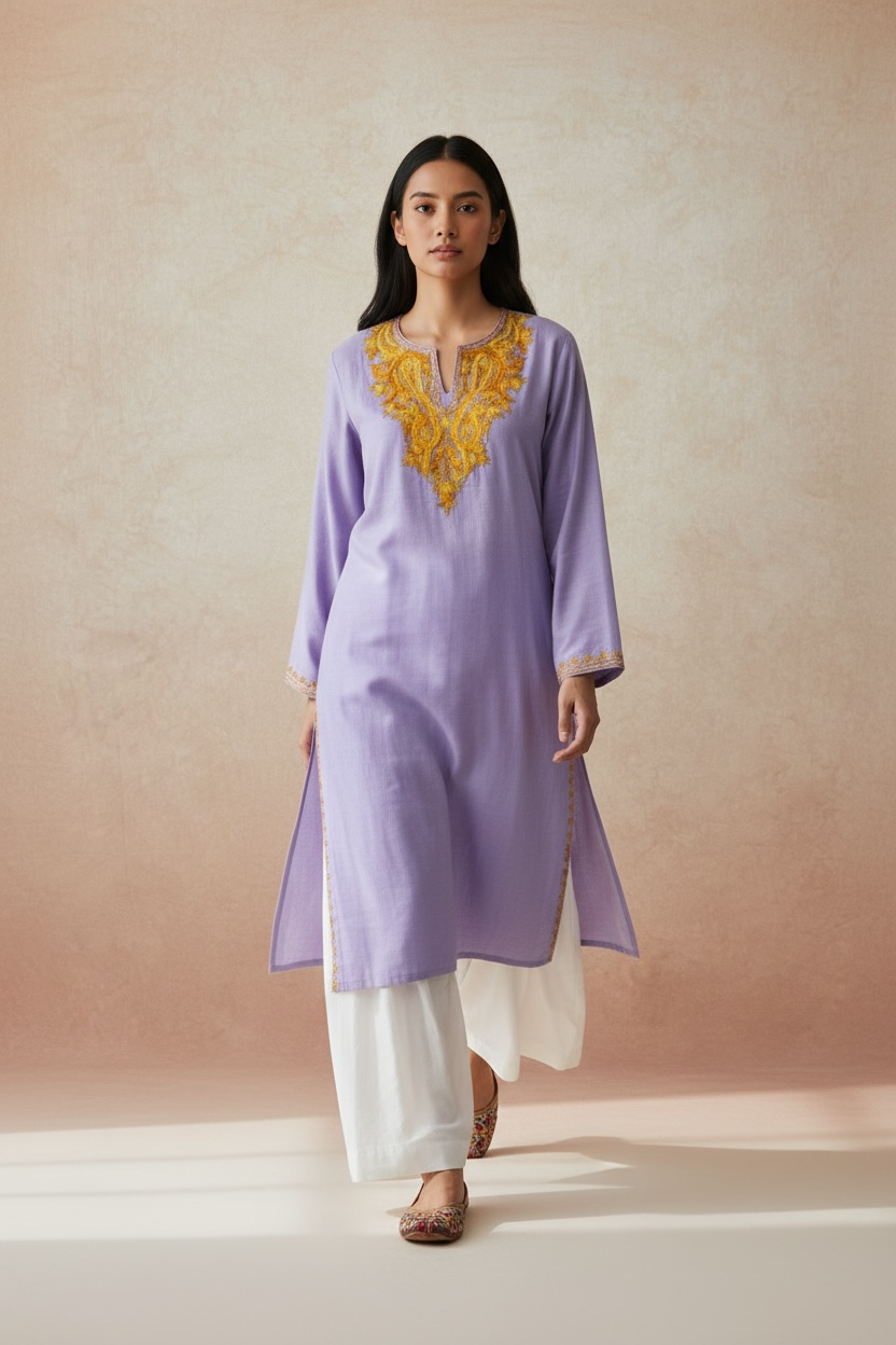 Gulposh Lavender Hand-Guided Aari Embroidered Midi Kurta
