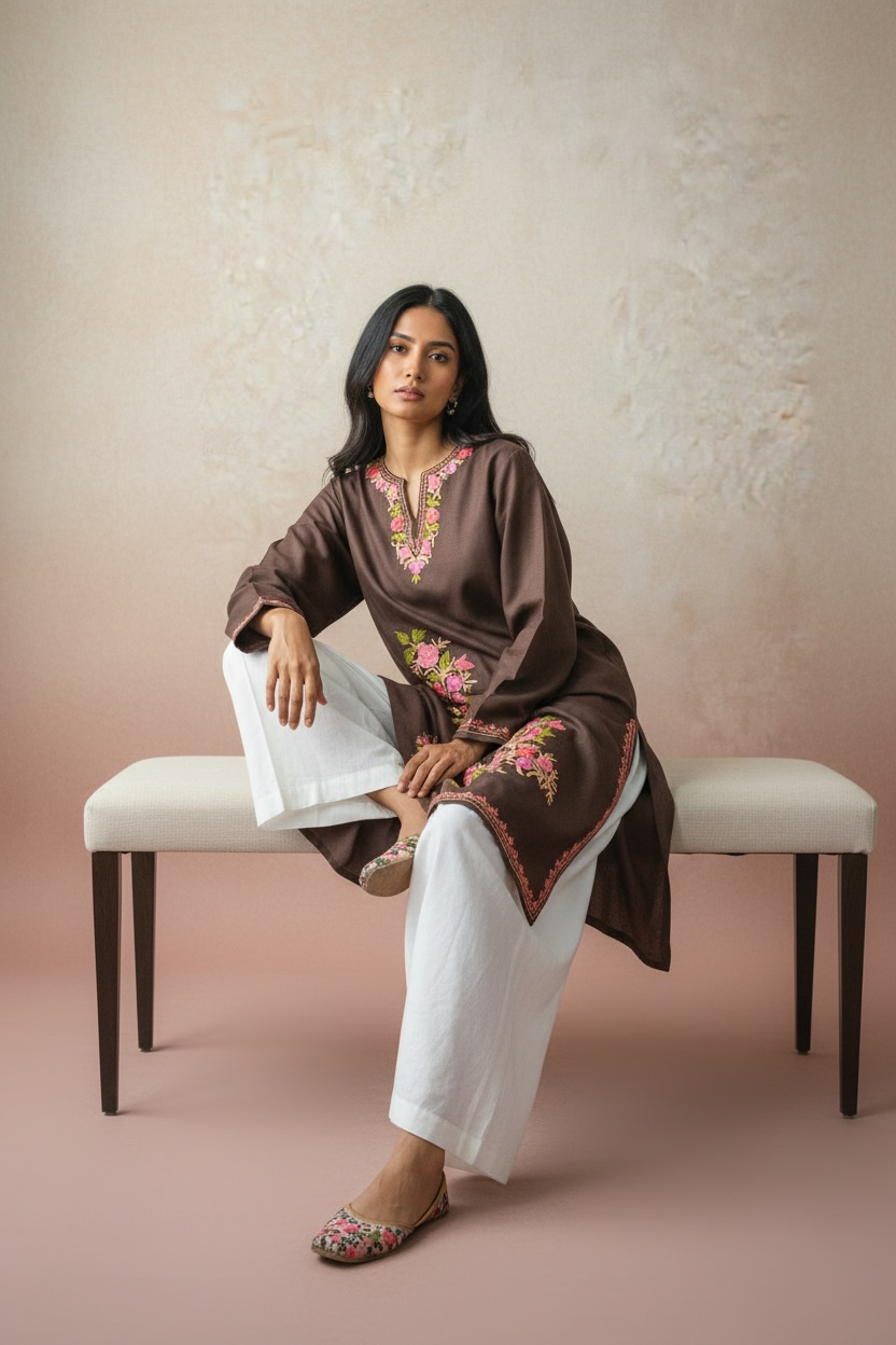 Gulposh Espresso Brown Hand-Guided Aari Embroidered Midi Kurta