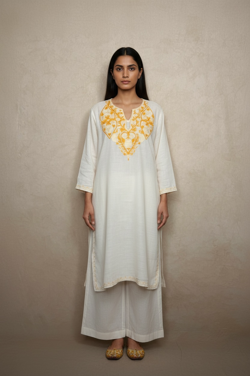 Gulposh Ivory Gold Hand-Guided Aari Embroidered Midi Kurta