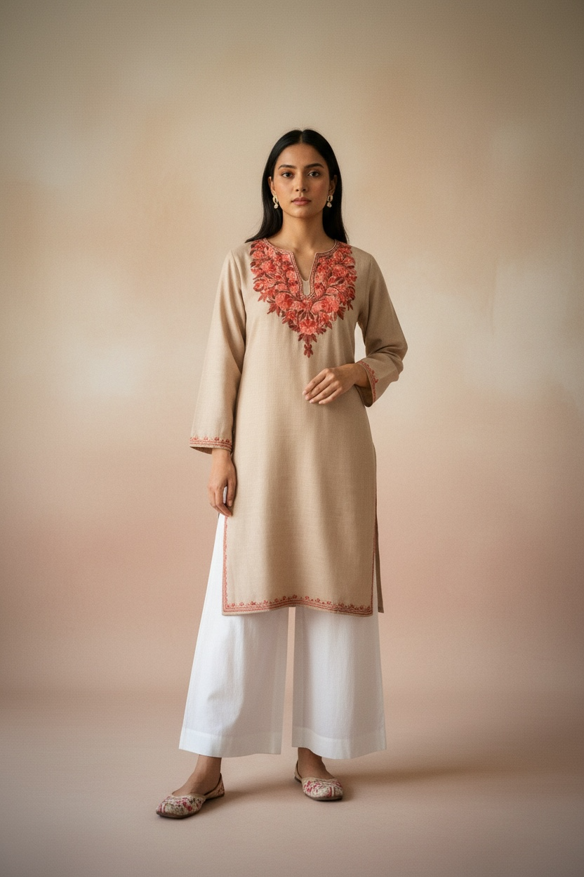 Gulposh Beige Hand-Guided Aari Embroidered Midi Kurta