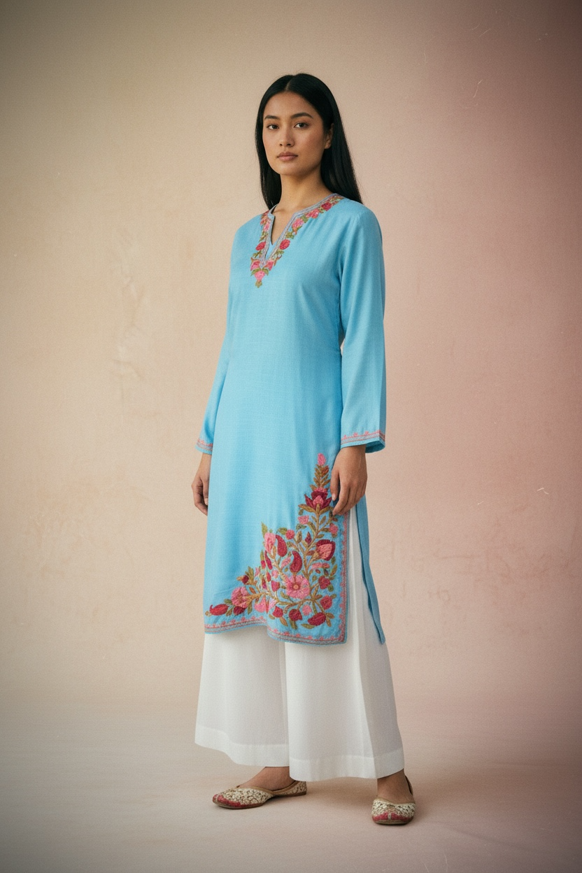 Gulposh Sky Blue Rose Hand-Guided Aari Embroidered Midi Kurta — Ruby Cotton, Full Sleeve