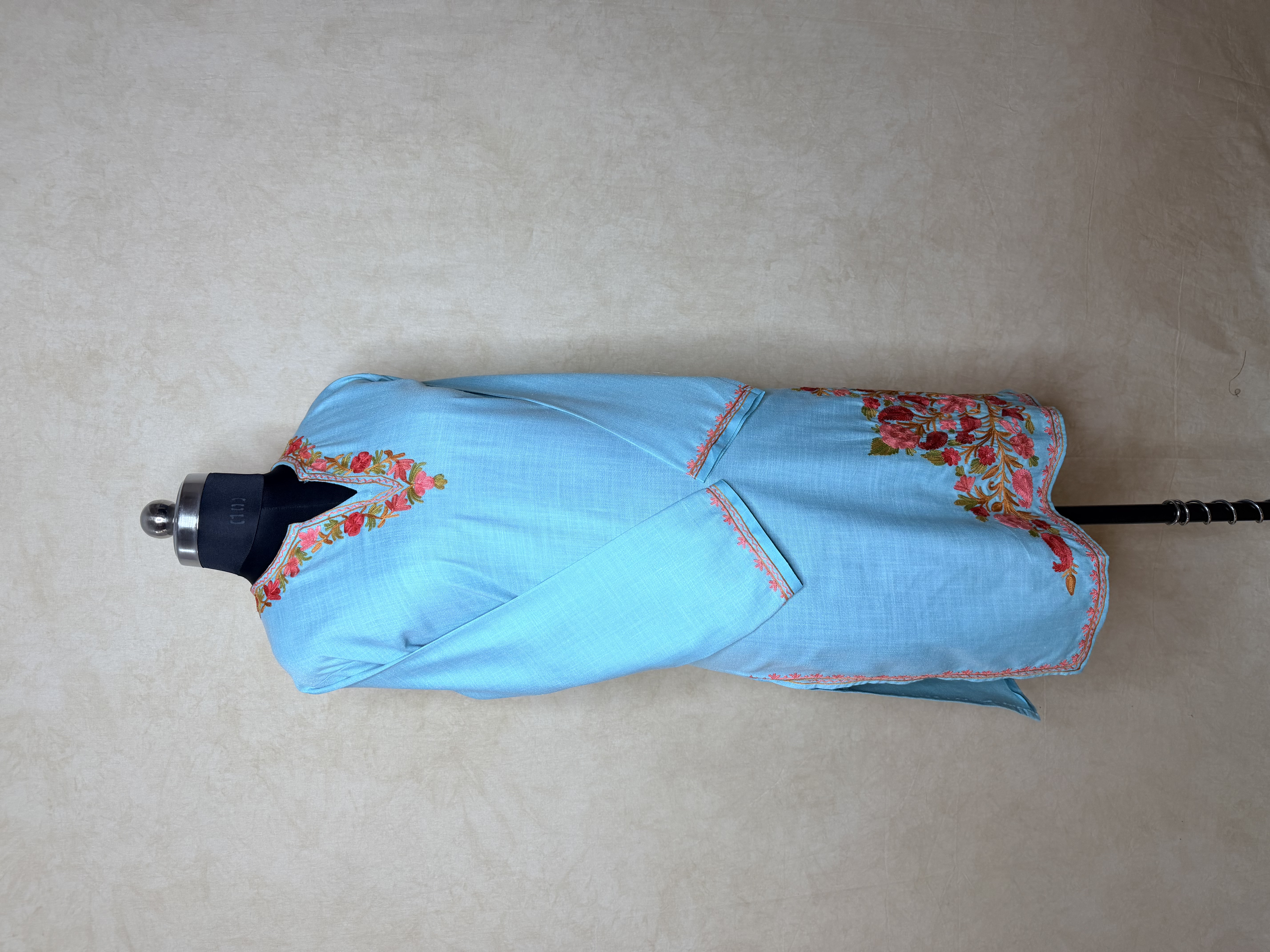 Gulposh Sky Blue Rose Hand-Guided Aari Embroidered Midi Kurta — Ruby Cotton, Full Sleeve
