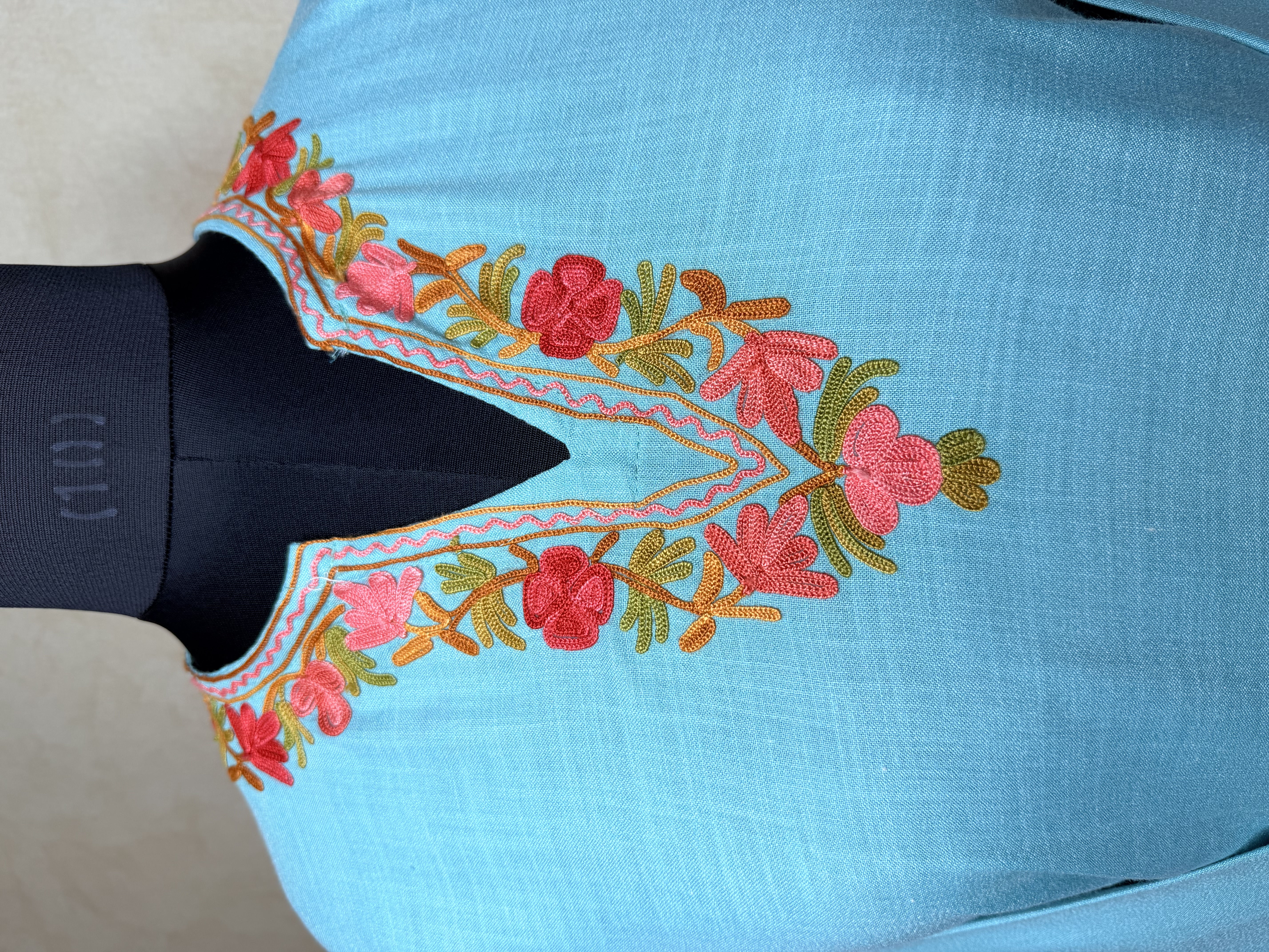 Gulposh Sky Blue Rose Hand-Guided Aari Embroidered Midi Kurta — Ruby Cotton, Full Sleeve