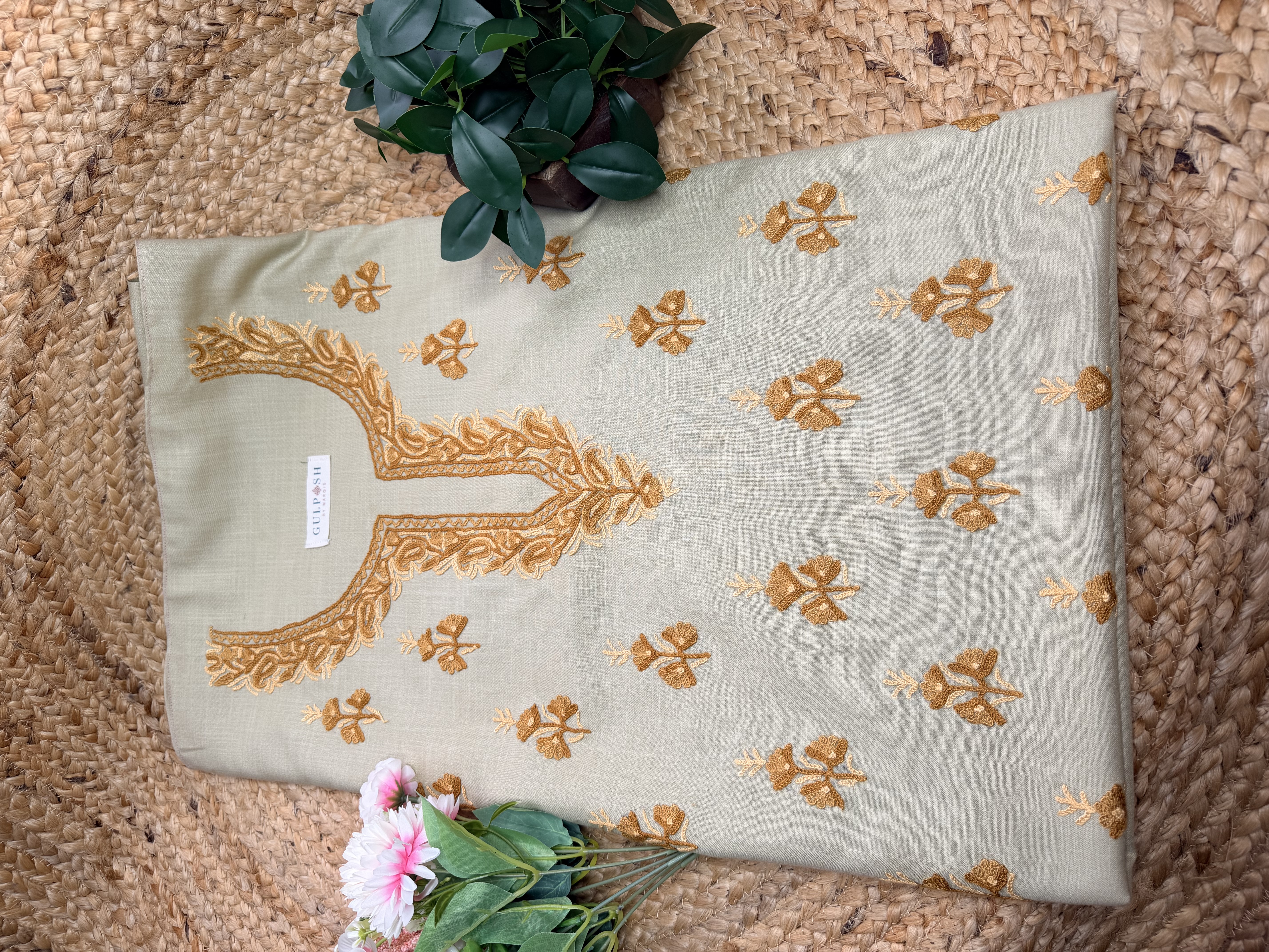 Gulposh Warm Khaki Beige Unstitched Cotton Set — Full Body Hand Aari