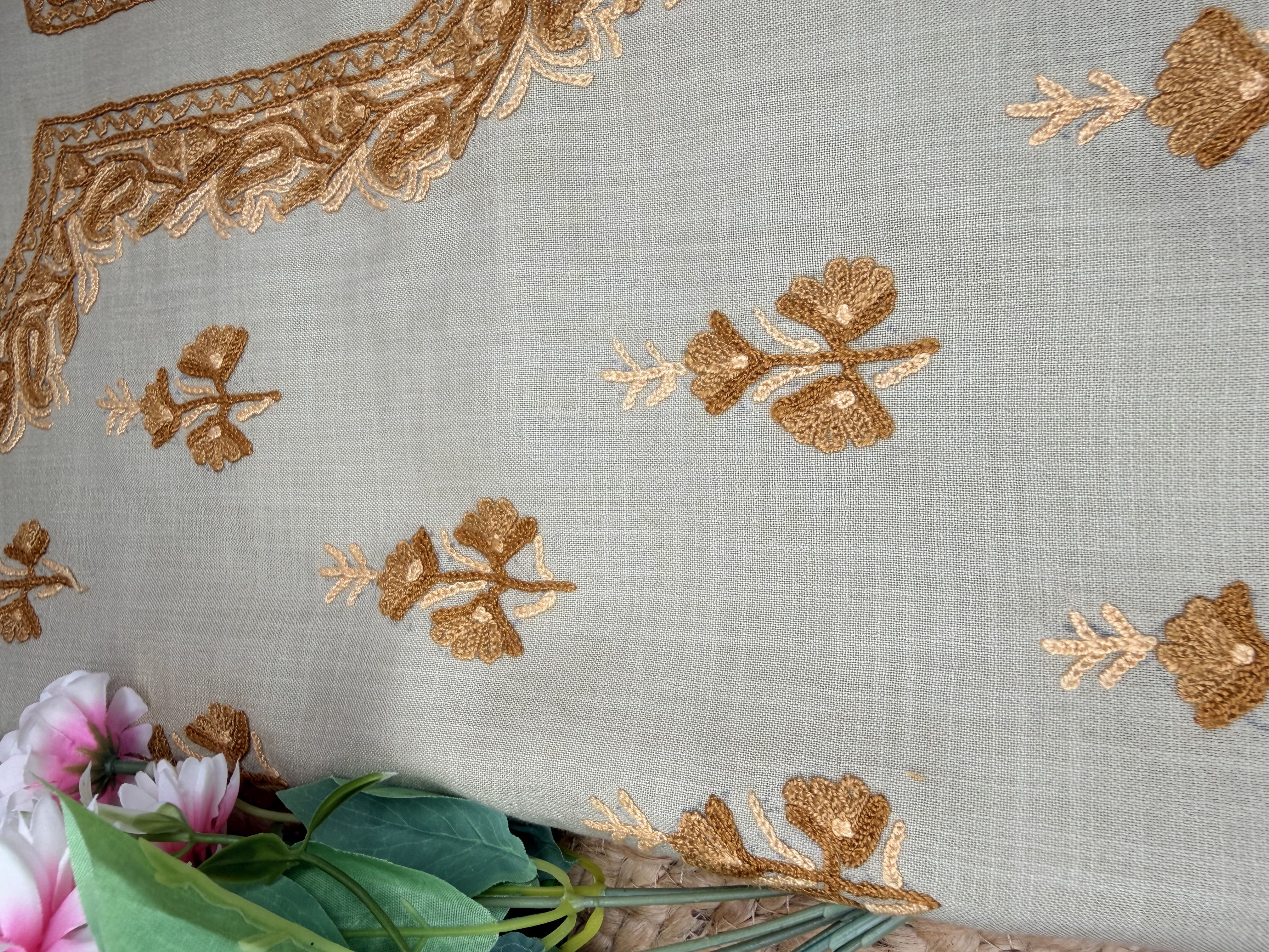 Gulposh Warm Khaki Beige Unstitched Cotton Set — Full Body Hand Aari